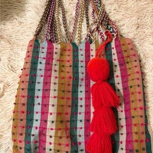 Multicolor Striped Tote Bag with Red Tassels